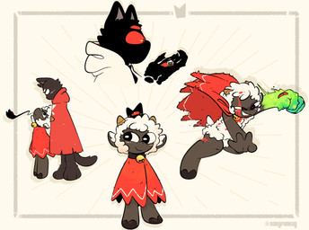 ambiguous_anthro ambiguous_gender anthro bell bell_collar biped black_body black_fur collar duo fur grin red_eyes smile white_body white_fur white_wool wool_(fur) rubyfunkey cult_of_the_lamb massive_monster_(studio) lamb_(cult_of_the_lamb) narinder the_one_who_waits bovid caprine domestic_cat felid feline felis mammal sheep 2024 digital_drawing_(artwork) digital_media_(artwork) hi_res