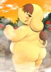 anthro apple big_butt blush butt cloud detailed_background elephant_toe_hands female food fruit hair half-closed_eyes narrowed_eyes nude overweight overweight_anthro overweight_female plant pose short_stack smile solo trunk wet akitaka animal_crossing nintendo eloise_(animal_crossing) elephant elephantid mammal proboscidean pinup