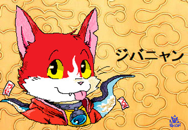anthro blep clothing cloud collar fur head_tuft jacket looking_at_viewer male notched_ear ofuda pattern_background red_body red_fur shirt simple_background sky talisman text tongue tongue_out topwear tuft whiskers rhonbon asian_mythology east_asian_mythology japanese_mythology level-5 mythology yo-kai_watch jibanyan domestic_cat felid feline felis mammal spirit yokai japanese_text low_res signature