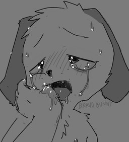 anthro bodily_fluids crying floppy_ears lop_ears male mouth_fetish nipples open_mouth solo spread_mouth tears text bravobunny canid canine canis domestic_dog mammal artist_name bust_portrait greyscale monochrome portrait sketch