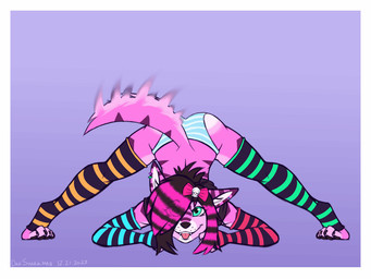 accessory anthro arm_warmers armwear ass_up black_hair black_nose blep bow_ribbon clothing ear_piercing ear_ring excited eye_through_hair female fur green_eyes hair hair_accessory hair_bow hair_over_eye hair_ribbon happy jack-o'_pose leaning leaning_forward legwear panties pattern_arm_warmers pattern_armwear pattern_clothing pattern_legwear pattern_thigh_highs piercing pink_body pink_fur pink_hair pose ribbons ring_piercing shirt solo sparklefur spread_legs spreading striped_arm_warmers striped_armwear striped_body striped_clothing striped_fur striped_hair striped_legwear striped_thigh_highs stripes t-shirt tail tail_motion tailwag thigh_highs tongue tongue_out topwear translucent translucent_hair underwear white_body white_fur white_inner_ear dansharkman razzleberry_(dansharkman) canid canine canis domestic_dog mammal 2023 4:3 animated english_description loop