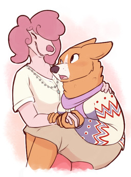 anthro bottomwear brown_body brown_fur clothed clothing countershade_face countershading duo eyes_closed female fur hair hand_holding humanoid_hands jewelry looking_at_another necklace on_lap pink_body pink_hair pink_skin simple_background sitting sitting_on_lap skirt sweater topwear white_background white_body white_countershading bunarts_(artist) bojack_horseman netflix canid canine canis domestic_dog herding_dog mammal pastoral_dog poodle welsh_corgi character_request