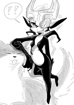 ambiguous_gender arm_markings armor blush duo exclamation_point eyes_closed female feral floating hair headgear helmet leaning_on_another looking_at_viewer markings smile teeth tongue tongue_out dragonweirdo nintendo the_legend_of_zelda twilight_princess link_(wolf_form) midna canid canine canis humanoid mammal wolf absurd_res hi_res monochrome