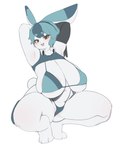 anthro areola areola_slip armwear big_breasts bikini blue_bikini blue_clothing blue_ears blue_eyebrows blue_hair blue_swimwear breasts brown_eyes clothed clothed_anthro clothed_female clothing crouching eyebrow_through_hair eyebrows eyelashes female female_anthro front_view hair hands_behind_head huge_breasts long_ears looking_at_viewer navel open_mouth open_smile round_tail simple_background skimpy smile solo spread_legs spreading string_bikini swimwear thick_eyebrows thick_thighs translucent translucent_hair two-piece_swimsuit white_background yellow_sclera gyrbdark jade_rabbit_(gyrbdark) lagomorph leporid mammal rabbit 2025 absurd_res digital_drawing_(artwork) digital_media_(artwork) full-length_portrait hi_res portrait