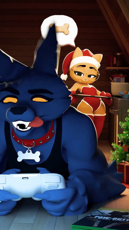 anthro baking baking_tray bared_fangs big_ears black_boxers black_clothing black_shirt black_tank_top black_topwear black_underwear blue_body blue_fur blush blush_lines bone_collar bowl boxers_(clothing) boyfriend/girlfriend christmas_clothing christmas_decorations christmas_headwear christmas_present christmas_tree clothing collar container controller cookie cooking dominant dominant_female duo eyewear female food fur game_controller gameplay_mechanics gaming gift glasses gun hat headgear headwear holidays hud humor larger_male leash leash_pull leashed_collar leotard lying_on_ground male male/female mouth_grab music on_ground pet_bowl pip-boy plant ranged_weapon romantic romantic_couple round_glasses santa_hat shirt size_difference smaller_female submissive submissive_male tail tail_motion tailwag tank_top topwear tree underwear weapon yellow_body yellow_eyes yellow_fur junoandmaxx sound_warning christmas fallout microsoft mythology steam_machine_(2026) team_fortress_2 v.a.t.s. valve valve_corporation valve_hardware juno_(junoandmaxx) maxx_(junoandmaxx) canid canine felid feline mammal mythological_canine mythological_creature werecanid werecanine werecreature werewolf 3d_(artwork) 3d_animation 9:16 animated digital_media_(artwork) hi_res short_playtime sound webm