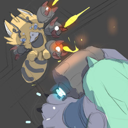 anthro arm_cannon blue_eyes bottomwear claws clothing cybernetic_arm cybernetic_limb denim denim_bottomwear denim_clothing duo female fur gun_arm horn jeans long_ears male orange_body orange_fur pants toe_claws weapon_arm white_body white_fur lv07701 bandai_namco digimon digimon_(species) gargomon pristimon 1:1 absurd_res hi_res