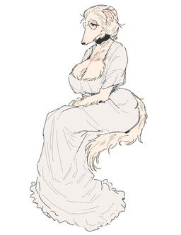 anthro belt bottomwear breasts choker clothing eyewear female fur glasses hair jewelry necklace sitting skirt solo tail white_body white_fur sori0414 canid canine canis domestic_dog mammal hi_res