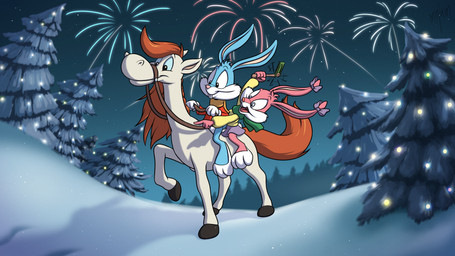 accessory anthro biped blue_body blue_fur bottomwear bow_ribbon buckteeth closed_smile clothed clothing countershade_face countershade_fur countershade_torso countershading evergreen_tree female feral fireworks fur group hair_accessory hair_bow hair_ribbon holidays hooves male mane mouth_closed night open_mouth open_smile outside pine_tree pink_body pink_bottomwear pink_clothing pink_fur pink_nose pink_skirt plant quadruped red_clothing red_mane red_shirt red_topwear reins ribbons scarf shirt skirt sky smile snow star starry_sky teeth tongue topwear tree trio white_body white_countershading white_fur yellow_clothing yellow_shirt yellow_topwear young young_anthro young_female young_male minum tiny_toon_adventures warner_brothers babs_bunny buster_bunny equid equine horse lagomorph leporid mammal rabbit 16:9 2025 absurd_res hi_res widescreen