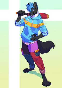 anthro baseball_bat bat_(object) biped bottomwear clothed clothing digitigrade dreadlocks fully_clothed holding_object hoodie looking_at_viewer male pants paws simple_background smile solo standing topwear takiminada canid canine mammal absurd_res digital_media_(artwork) hi_res shaded
