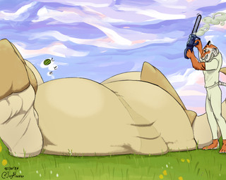 anthro balls big_balls big_penis chainsaw clothing cloud detailed_background duo exoskeleton feet flower food foot_fetish fruit genitals grass huge_balls huge_penis hyper hyper_balls hyper_genitalia hyper_penis imminent_castration imminent_cbt lying male melon multicolored_body on_back penis plant power_tool raphe_(anatomy) sleeping sleeping_nude smile smiling_at_another standing tools watermelon white_clothing yellow_body joyhouser charn_the_tiger_(charn) cheesecake_(joyhouser) arthropod beetle felid insect mammal pantherine tiger 5:4 hi_res