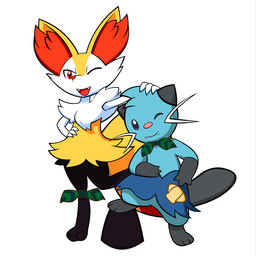ambiguous_gender black_body black_fur blue_body blue_fur duo ear_tuft fangs fingers fur grey_body grey_fur one_eye_closed open_mouth orange_body orange_fur pink_nose scarf shell smile teeth tuft whiskers white_body white_fur yellow_body yellow_fur alphaws nintendo pokemon pokemon_mystery_dungeon spike_chunsoft braixen dewott generation_5_pokemon generation_6_pokemon mammal pokemon_(species) 1:1 2015 hi_res