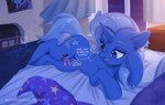 bed between_thighs blue_body cutie_mark duo extreme_size_difference female feral furniture horn larger_female micro pillow size_difference smaller_female ls_skylight friendship_is_magic hasbro my_little_pony mythology starlight_glimmer_(mlp) trixie_(mlp) equid equine mammal mythological_creature mythological_equine unicorn