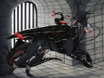 animal_genitalia ankle_cuffs armwear bdsm black_body black_scales bondage bondage_gear bound buttplug chastity_belt chastity_device clothing cock_gag collar cuff_(restraint) feral gag genital_slit genitals horn latex latex_armwear latex_clothing male male_feral muzzle_(object) penis plug_(sex_toy) restraints ring_gag scales sex_toy sharp_teeth snout solo tail tail_tied teeth tongue wingbinders wings ammylin mythology ashnir dragon mythological_creature mythological_scalie scalie 4:3 hi_res