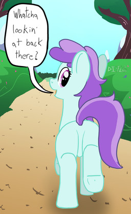 butt featureless_crotch female horn looking_at_viewer looking_back looking_back_at_viewer raised_tail tail text young young_female di-fl hasbro my_little_pony mythology tootsie_flute_(mlp) equid equine mammal mythological_creature mythological_equine unicorn english_text hi_res