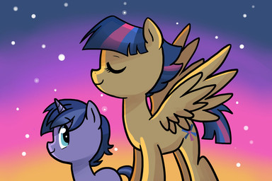 duo eyes_closed feathered_wings feathers female feral fur hair horn male multicolored_hair purple_body purple_fur star sunset two_tone_hair wings young kianamai hasbro my_little_pony mythology fan_character starburst_(character) equid equine mammal mythological_creature mythological_equine pegasus unicorn brother_(lore) brother_and_sister_(lore) sibling_(lore) sister_(lore)
