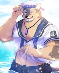 anthro clothed clothing clothing_lift countershading jewelry male muscular muscular_anthro muscular_male navel necklace one_eye_closed sailor sailor_hat sailor_uniform shirt shirt_lift solo topwear water wet wink sirius_hoshi_s lifewonders live_a_hero pubraseer canid canine canis domestic_dog mammal hi_res