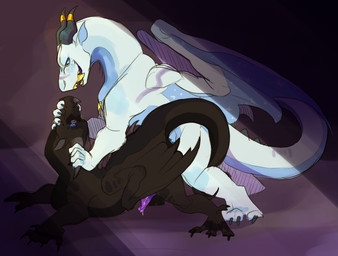 accessory back_scar barely_visible_genitalia barely_visible_penis black_body blue_body blue_countershading blue_penis bodily_fluids claws countershading digitigrade dripping duo erection eye_contact eyewear facial_horn facial_scar feet feral finger_claws from_behind_position furgonomics genital_fluids genitals glasses gold_(metal) gold_jewelry holding_horn holding_neck horn horn_accessory hornband jewelry looking_at_another male male/male male_feral male_penetrated male_penetrating male_penetrating_male membrane_(anatomy) membranous_wings mounting narrowed_eyes necklace nose_horn penetration penis precum precum_drip purple_penis scar sex spread_toes tail tail_spines tapering_penis teeth toe_claws toes white_body wings troubledauth mythology dragon mythological_creature mythological_scalie scalie hi_res