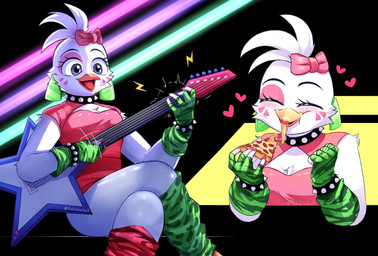 accessory alternate_species anthro anthrofied beak beakstick blue_eyes bow_(feature) bow_accessory bow_ribbon bracelet breasts clothing colored_nails ear_piercing ear_ring eating electric_guitar eyes_closed female fingerless_gloves food furgonomics furrification gloves guitar hair hair_accessory hair_bow hair_ribbon handwear happy heart_symbol jewelry lipstick makeup medium_breasts musical_instrument nails non-mammal_breasts piercing pink_nails pizza plucked_string_instrument ribbons ring_piercing smile solo spiked_bracelet spikes string_instrument white_hair pokithekat five_nights_at_freddy's five_nights_at_freddy's:_security_breach scottgames steel_wool_studios glamrock_chica avian bird chicken galliform phasianid 2022 hi_res