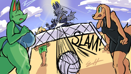 anthro beach big_breasts big_butt bikini black_clothing black_swimwear blonde_hair bottomwear breasts brown_body brown_fur butt clothing eyes_closed female fur gold_bikini green_body green_clothing green_fur green_swimming_trunks green_swimwear green_trunks grey_body grey_fur group hair huge_breasts male net pants sand sport surprised swimming_trunks swimwear thick_thighs two-piece_swimsuit volleyball wide_hips biscotti5000 helio_(biscotti5000) jane_(biscotti5000) nyx_(biscotti5000) sam_(biscotti5000) canid canine canis domestic_dog fox human mammal wolf 16:9 hi_res widescreen
