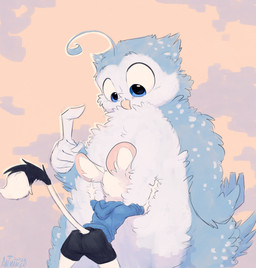 anthro athletic athletic_female beak big_ears blue_body blue_eyes blue_feathers bottomwear clothing duo feathers female fur hoodie shorts simple_background size_difference topwear white_body white_fur wings animancer luck_(animancer) zacnate avian bird dipodid jerboa mammal owl rodent hi_res