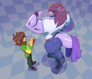 ambiguous_gender ambiguous_human anthro big_breasts big_butt big_muscles breasts butt clothed clothing duo female female/ambiguous female_anthro flexing flexing_bicep huge_breasts huge_muscles larger_female muscular obscured_eyes purple_body sharp_teeth size_difference smaller_ambiguous tail teeth thick_tail wide_hips bigdad deltarune undertale_(series) kris_dreemurr susie_(deltarune) human lizard mammal reptile scalie 2026 digital_media_(artwork)
