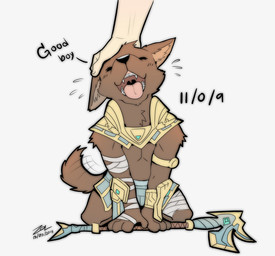 ambiguous_gender anthro arm_wraps brown_body brown_ears brown_fur brown_tail clothed clothing dialogue duo eyes_closed fur good_boy headpat open_mouth pet_praise praise solo_focus tail tail_motion tailwag teeth text uvula wraps sollyz league_of_legends riot_games tencent nasus_(lol) canid canine canis jackal mammal 2015 english_text hi_res