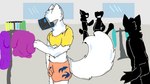 anthro big_ears big_tail clothed clothing clothing_store conversation_without_dialog femboy fluffy fluffy_tail fur group happy inside looking_at_clothing looking_at_object machine male public shopping silhouette store tail white_body white_fur unknown_artist kayasho canid mammal protogen 16:9 hi_res widescreen