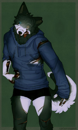 anthro black_body black_fur blood blood_from_mouth blood_in_mouth blood_on_clothing blood_on_face bodily_fluids bottomwear claws clothing corpse curled_tail ear_piercing exposed_muscle fur glowing glowing_eyes gore hoodie male nosebleed piercing scar scars_all_over shorts skeleton_hand solo tail teeth tongue tongue_out topwear torn_clothing torn_ear torn_hoodie white_body white_fur wounded cerberussenn everest_moon_(cerberussenn) canid canine canis domestic_dog husky mammal nordic_sled_dog spitz undead zombie absurd_res hi_res signature