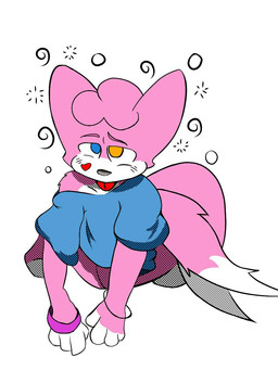 2_tails anthro bracelet bubble clothing drunk drunk_bubble fur hair heart_symbol heterochromia jewelry male multi_tail pink_body pink_fur pink_hair solo substance_intoxication tail tongue tongue_out white_body white_fur kaykorr kay_(kaykorr) hybrid 3:4 hi_res