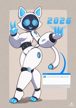 3_toes 4_fingers :3 anthro anthrofied arm_tattoo bell bell_collar black_face blue_eyes blue_fingers blue_inner_ear blue_mouth blue_nose blue_pawpads blue_sclera blue_toes blue_tongue breasts cheek_tuft club_arms collar eyelashes facial_tuft featureless_breasts feet female fingers floating_fingers for_a_head gesture hand_gesture hindpaw holidays hologram logo looking_at_viewer machine medium_breasts message_box pawpads paws plantigrade raised_heel robot_joints screen screen_face segmented_body segmented_tail side_view simple_background solo tail tan_background tattoo thick_thighs toes tongue tuft v_sign white_body wide_hips razgrizdl new_year pudu_robotics ka-t bellabot domestic_cat felid feline felis mammal object_head robot robot_anthro screen_head 2026 artist_logo cel_shading full-length_portrait hi_res portrait shaded