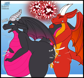 anthro areola belly big_belly black_areola black_body black_border blue_eyes bodily_fluids border cum cum_inflation cum_inside duo female from_behind_position genital_fluids green_eyes holding_tail horn huge_belly hyper hyper_belly hyper_pregnancy impregnation impregnation_while_pregnant inflation lactating lactating_during_sex looking_at_another male male/female moan multicolored_body multiple_ova onomatopoeia open_mouth ovum ovum_with_heart pink_body pregnant pregnant_anthro pregnant_female pregnant_sex red_body sex simple_background sound_effects sperm_cell superfetation tail text two_tone_body wings yellow_body blazkenzxy mythology dragon mythological_creature mythological_scalie scalie 2025 absurd_res digital_drawing_(artwork) digital_media_(artwork) hi_res signature