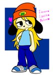 absurd_res anthro blonde_hair bottomwear canid canine canis clothing domestic_dog footwear furry_funnychan hair hat headgear headwear heart_symbol hi_res long_ears long_hair male mammal pants parappa parappa_the_rapper parappa_the_trappa shirt shoes solo sony_corporation sony_interactive_entertainment topwear