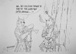 anthro axe belt clothing duo guard leather male melee_weapon pipe polearm saber shirt spear sword tattoo text topwear tunic weapon dagootter canid canine canis domestic_cat felid feline felis mammal wolf english_text graphite_(artwork) monochrome traditional_media_(artwork)