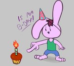 3_toes anthro birthday bottomwear candle clothing cupcake feet food hat headgear headwear male party_hat purple_body shirt shorts solo text toes topwear jovi_cap jovi_cap_(oc) lagomorph leporid mammal rabbit english_text