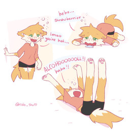 3_toes 4_fingers anthro barefoot black_bottomwear black_clothing black_shorts blush blush_lines bodily_fluids bottomwear bra_strap breasts clothing countershade_face countershading cute_fangs drooling drunk fangs feet female fingers fluffy fluffy_tail fur green_eyes hotpants laugh lying multicolored_body multicolored_fur multiple_poses oversized_clothing pawpads paws pink_nose pink_pawpads pose saliva shorts simple_background small_breasts snaggle_tooth soles solo substance_intoxication tail teeth toes toony topwear two_tone_body two_tone_fur vocalization white_body white_countershading white_fur yellow_body yellow_fur rolo_stuff rolo_(rolo_stuff) felid feline mammal hi_res