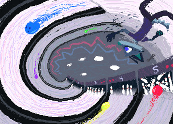 anthro ball blue_body blue_fur bowling bowling_ball bowling_pin clothing detailed_background fur male purple_clothing purple_shirt purple_t-shirt purple_topwear shirt solo surrealism t-shirt topwear upside_down demensa emil_(demensa) canid canine canis coyote domestic_dog mammal 2025 digital_media_(artwork) hi_res pixel_(artwork)