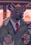 5_fingers aggretsuko anthro black_nose blush clothed clothing fangs fingers haida_(aggretsuko) hi_res hyena japanese_text male mammal necktie sanrio solo spotted_hyena teeth text vetiver_n