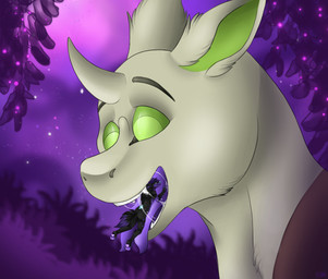 anthro black_body black_fur blue_eyes blue_nose bodily_fluids cosmic_hair dipstick_tail drooling duo ethereal_hair fangs forked_tongue fur fur_markings gentle_giant green_eyes happy male male/male markings mawplay micro mouth_play multicolored_body open_mouth oral_vore pawpads purple_background purple_body purple_fur purple_mouth purple_pawpads saliva simple_background size_difference soft_vore spades_(marking) sparkles tail tail_markings teeth tongue two_tone_body vore samuelwolfo kitsunaki canid canine equid equine fox horse mammal pony 2022 shaded