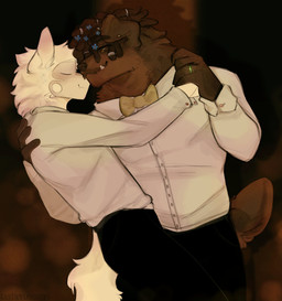 accessory acne anthro black_bottomwear black_clothing black_coded black_pants blush bokeh bottomwear bow_tie braces brown_body brown_fur clothing collared_shirt dancing dimple dreadlock_cuffs dreadlocks dress_shirt duo ear_piercing facial_hair flesh_fang floppy_ears flower flower_in_hair forget-me-not_(flower) freckles fur green_eyes hair hair_accessory hair_jewelry hand_holding hand_on_back jasmine_(flower) male male/male markings mole_(marking) mustache pants piercing plant ring romantic romantic_ambiance romantic_couple scut_tail shirt short_tail smile tail topwear waltz_(dance) white_body white_fur cerberussenn louie_sweeto_(cerberussenn) rj_holiday_(cerberussenn) canid canine canis domestic_dog livestock_guardian_dog mammal molosser mountain_dog pastoral_dog tibetan_mountain_dog wolf absurd_res hi_res signature