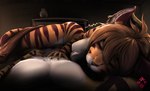 anthro bed breasts digital_media_(artwork) duo fan_character felid female fera_(xfera) flora_(twokinds) fur furniture keidran lying male male/female mammal on_bed pantherine simple_background striped_body stripes text tiger tuft twokinds under_covers yttrium_(artist)