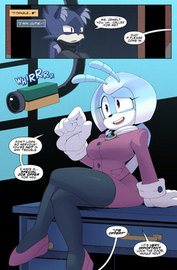 antennae_(anatomy) anthro black_clothing black_leggings black_legwear blue_body breasts camera clothed clothed_anthro clothed_female clothing crossed_legs desk dialogue dress duo female footwear fur furniture gloves handwear leggings legwear male multicolored_body pink_clothing pink_dress pink_footwear pink_shoes purple_body purple_eyes purple_fur shoes speech_bubble table text two_tone_body white_body white_clothing white_gloves white_handwear dakkii idw_publishing sega sonic_the_hedgehog_(comics) sonic_the_hedgehog_(idw) sonic_the_hedgehog_(series) duo_the_cat jewel_the_beetle arthropod beetle domestic_cat felid feline felis insect mammal 2026 comic english_text hi_res