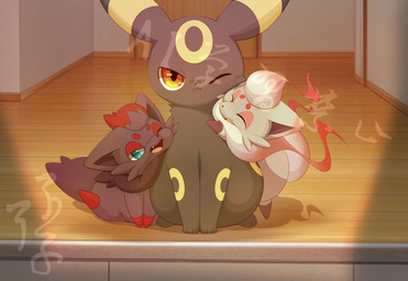 ambiguous_gender black_body black_fur feral fur group inside kemono leaning_on_another on_ground one_eye_closed orange_eyes size_difference trio hirochanu nintendo pokemon eeveelution generation_2_pokemon generation_5_pokemon generation_8_pokemon hisuian_form hisuian_zorua pokemon_(species) regional_form_(pokemon) umbreon zorua 2026 distracting_watermark hi_res watermark