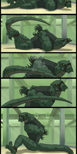 3_toes angry anthro barefoot bdsm bondage bound captured clothing feet hands_behind_back jacket lying male muzzle_(object) on_front plantigrade prisoner restraints rope rope_muzzle sitting soles solo submissive submissive_male toes topwear serisabibi batman_(series) dc_comics killer_croc crocodile crocodilian reptile scalie absurd_res comic hi_res