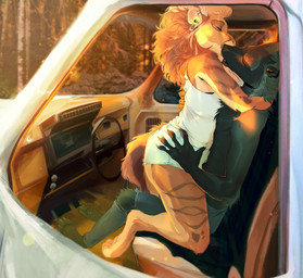 anthro car duo eyes_closed female kissing kneeling male male/female plant sitting tree vehicle thrushes canid canine felid lion mammal pantherine