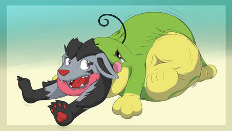ambiguous_gender black_body black_fur brown_eyes butt_first duo feral fur green_body grey_body grey_fur imprint purple_eyes satisfied_look scared simple_background unwilling_prey vore worried worried_face yellow_body wackyzacky nintendo pokemon generation_2_pokemon generation_3_pokemon mightyena pokemon_(species) politoed hi_res