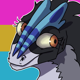 ambiguous_form black_body black_feathers bone_frill brown_eyes contiguous_snout eyelashes feathers female flag flag_background frill_(anatomy) grey_body grey_feathers lgbt_pride mouth_closed multicolored_body multicolored_feathers outline pansexual_pride_colors pride_colors solo text white_outline wide_eyed yellow_sclera lawkbutt lawkbutt_(character) dilophosaurid dilophosaurus dinosaur prehistoric_species reptile scalie theropod 1:1 2025 artist_name colored digital_drawing_(artwork) digital_media_(artwork) english_description icon shaded
