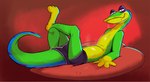 3_toes 5_fingers anthro belly black_clothing black_underwear bodily_fluids bulge clothed clothing crossed_legs feet fingers looking_at_viewer lying male narrowed_eyes on_back pillow pose pupils semi-anthro simple_background slit_pupils smile solo sweat tailbutt toes underwear underwear_only sharkavian gex_(series) gex_the_gecko lizard reptile scalie 2022 digital_media_(artwork)