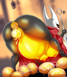 all_fours anthro anus ass_up belly big_belly big_breasts big_butt black_body bodily_fluids bottomless breasts butt clothed clothing corruption egg female gaping gaping_anus genital_fluids genitals glowing glowing_belly glowing_body glowing_breasts navel nipples orange_eyes oviposition red_clothing red_robe robe solo sweat vaginal_fluids vulva weapon heartlessangel3d hollow_knight_(franchise) team_cherry hornet_(hollow_knight) arthropod infected_(species) insect absurd_res hi_res