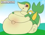 ambiguous_gender belly big_belly blush brown_eyes green_body green_tail hand_on_belly hand_on_own_belly huge_belly hyper hyper_belly looking_at_viewer morbidly_obese morbidly_obese_ambiguous navel obese obese_ambiguous open_mouth open_smile outie_navel overweight overweight_ambiguous pink_tongue sitting smile smiling_at_viewer solo tail tan_belly tan_body text thick_tail tongue alvro nintendo pokemon generation_5_pokemon pokemon_(species) snivy 2024 colored digital_media_(artwork) english_text flat_colors hi_res