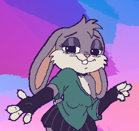 abstract_background anthro arms_out blue_background bottomwear cheek_tuft cheerful claws clothed clothing collar colorful_background dancing facial_tuft female finger_claws fingerless_gloves fluffy fluffy_tail fur gesture gloves grey_body grey_fur handwear inner_ear_fluff jewelry legwear long_ears necklace off_shoulder_shirt pink_background playful pose purple_background purple_body purple_fur retro_style shirt short_fur shrug simple_background skirt smile smug_expression solo stylized t-shirt tail thigh_highs topwear tuft visible_tail white_body white_fur ircluzar violet_bunny lagomorph leporid mammal rabbit digital_media_(artwork) pixel_(artwork)
